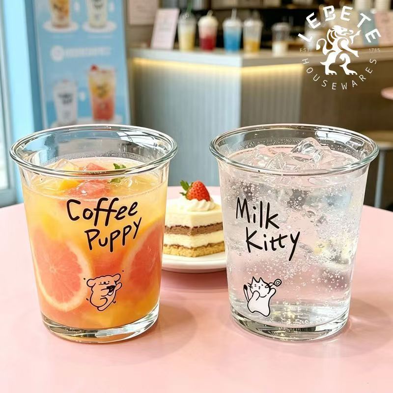 Taza de agua Libede con estampado de adorables mascotas, taza de café de vidrio con letras, vaso de vidrio para el desayuno en casa, taza estilo americano para zumo y leche