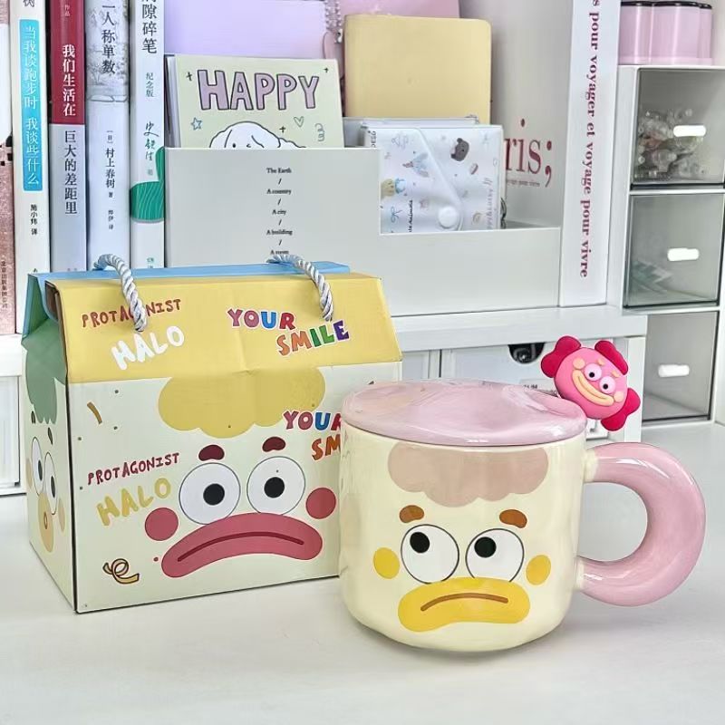 Taza adorable con expresiones tiernas y graciosas, taza de cerámica con diseño de pez payaso tierno y divertido, taza de café con tapa y dibujos animados, regalo para niños y estudiantes