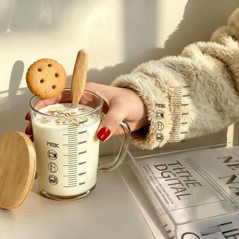 Taza de madera con tapa y cuchara, vaso de vidrio de estilo nórdico minimalista, taza para café y leche de tendencia en redes sociales, ideal para estudiantes, uso doméstico y oficina.