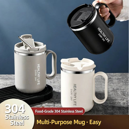 Taza de acero inoxidable 304 para café con tapa y popote, vaso multifunción para hogar y oficina para estudiantes