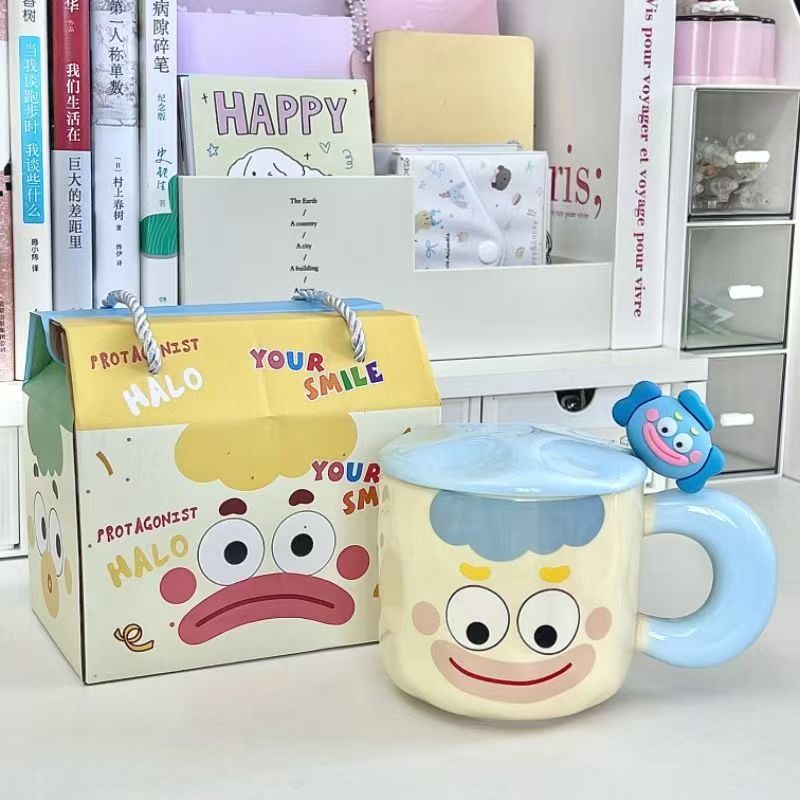 Taza adorable con expresiones tiernas y graciosas, taza de cerámica con diseño de pez payaso tierno y divertido, taza de café con tapa y dibujos animados, regalo para niños y estudiantes