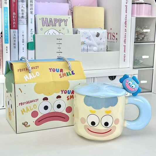Taza adorable con expresiones tiernas y graciosas, taza de cerámica con diseño de pez payaso tierno y divertido, taza de café con tapa y dibujos animados, regalo para niños y estudiantes