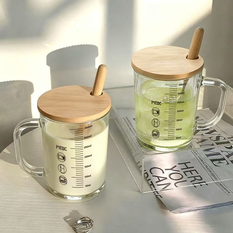 Taza de madera con tapa y cuchara, vaso de vidrio de estilo nórdico minimalista, taza para café y leche de tendencia en redes sociales, ideal para estudiantes, uso doméstico y oficina.
