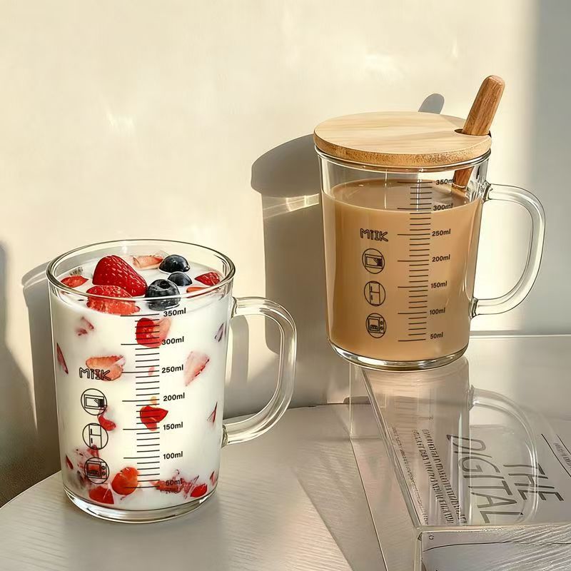 Taza de madera con tapa y cuchara, vaso de vidrio de estilo nórdico minimalista, taza para café y leche de tendencia en redes sociales, ideal para estudiantes, uso doméstico y oficina.