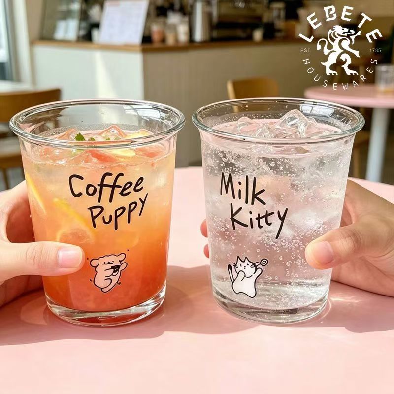 Taza de agua Libede con estampado de adorables mascotas, taza de café de vidrio con letras, vaso de vidrio para el desayuno en casa, taza estilo americano para zumo y leche
