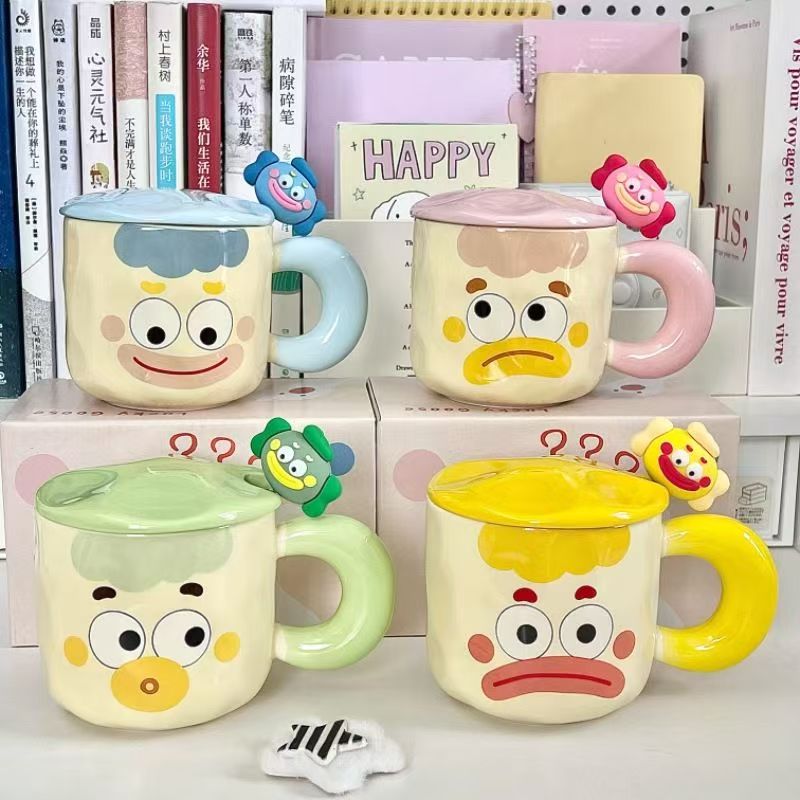 Taza adorable con expresiones tiernas y graciosas, taza de cerámica con diseño de pez payaso tierno y divertido, taza de café con tapa y dibujos animados, regalo para niños y estudiantes