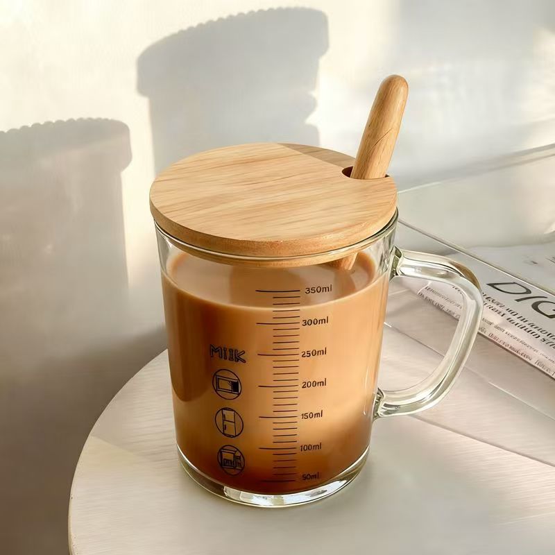 Taza de madera con tapa y cuchara, vaso de vidrio de estilo nórdico minimalista, taza para café y leche de tendencia en redes sociales, ideal para estudiantes, uso doméstico y oficina.