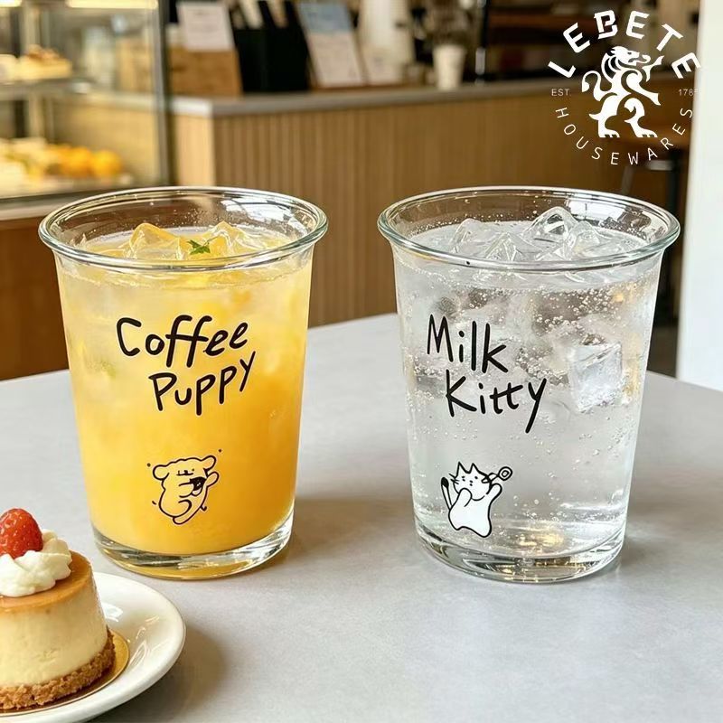 Taza de agua Libede con estampado de adorables mascotas, taza de café de vidrio con letras, vaso de vidrio para el desayuno en casa, taza estilo americano para zumo y leche