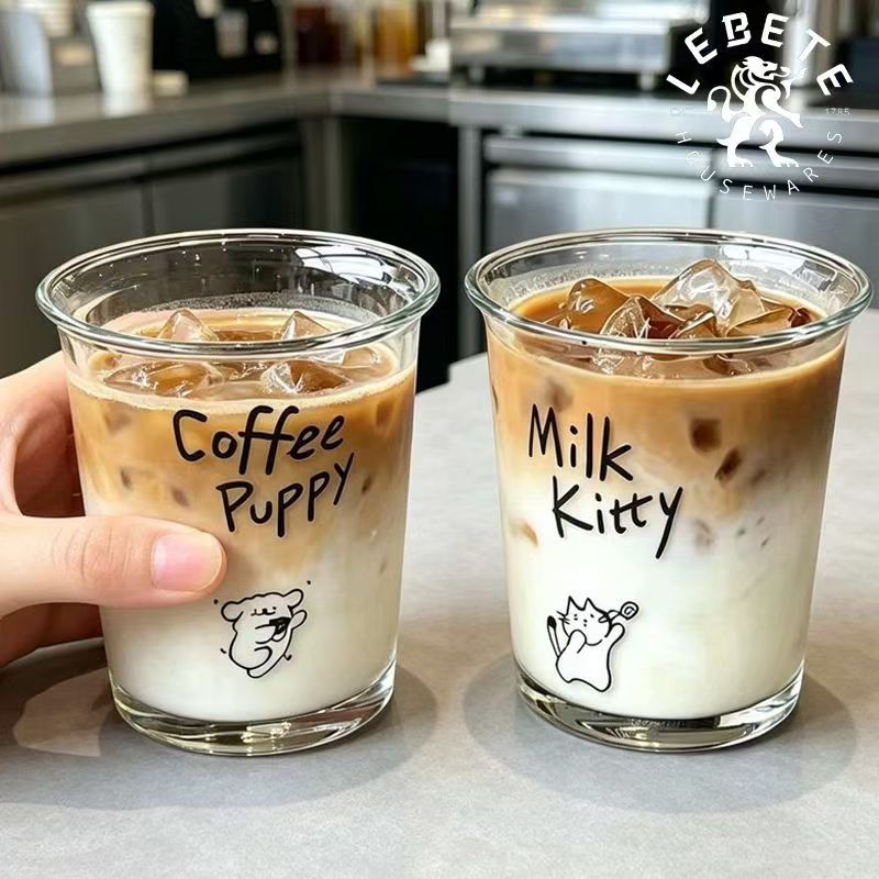 Taza de agua Libede con estampado de adorables mascotas, taza de café de vidrio con letras, vaso de vidrio para el desayuno en casa, taza estilo americano para zumo y leche