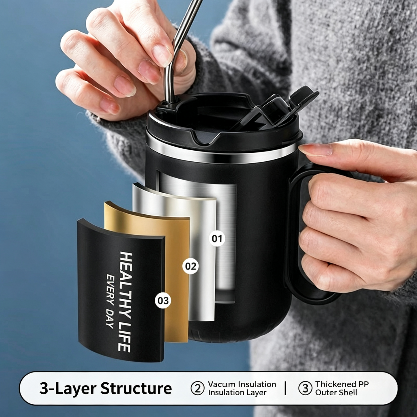 Taza de acero inoxidable 304 para café con tapa y popote, vaso multifunción para hogar y oficina para estudiantes