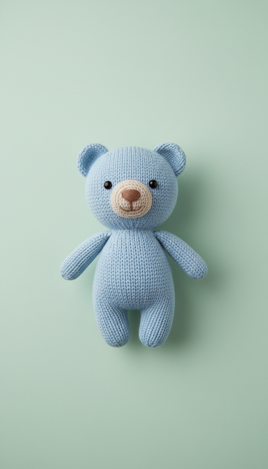 Pastel blue hand-knitted bear doll