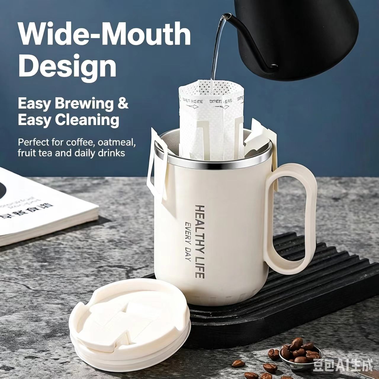 Taza de acero inoxidable 304 para café con tapa y popote, vaso multifunción para hogar y oficina para estudiantes